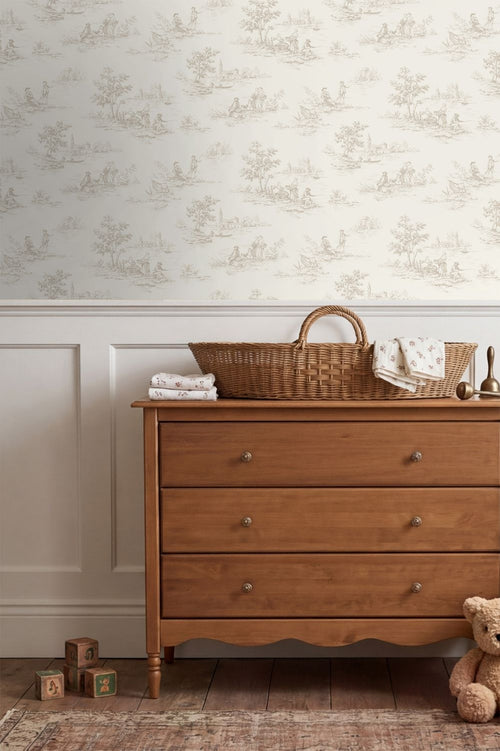 ESTAhome behang toile de jouy print gebroken wit - 50 x 900 cm - 132107