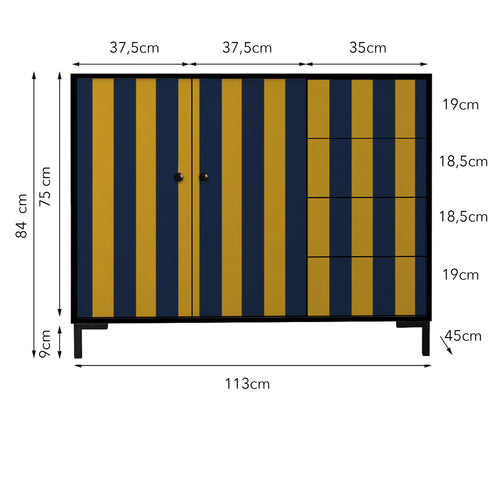 Laag dressoir van MDF met verticaal streeppatroon in geel- en blauwtinten