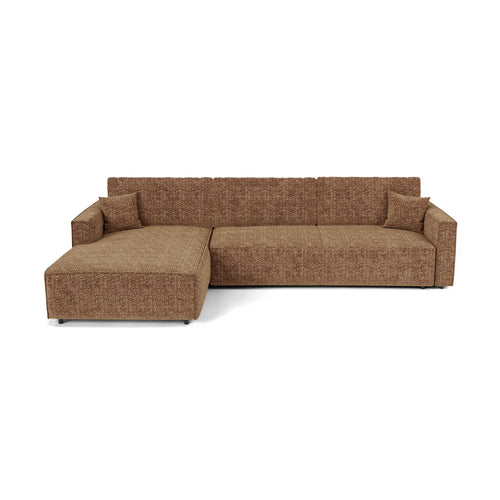 Premium Interiors - Linkshoekbank met slaapfunctie en opbergruimte  - stof met tweed-effect karamel 197cm