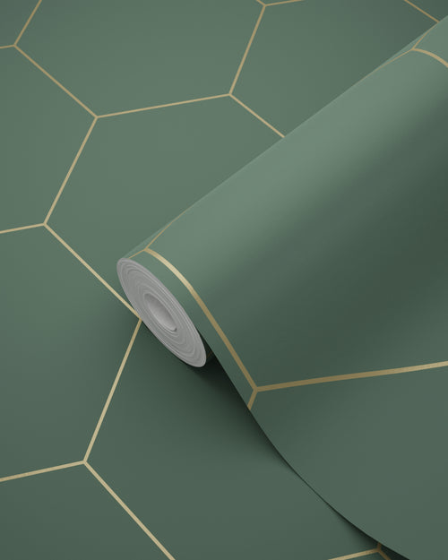ESTAhome behang hexagon donkergroen en goud - 53 cm x 10.05 m - 139228