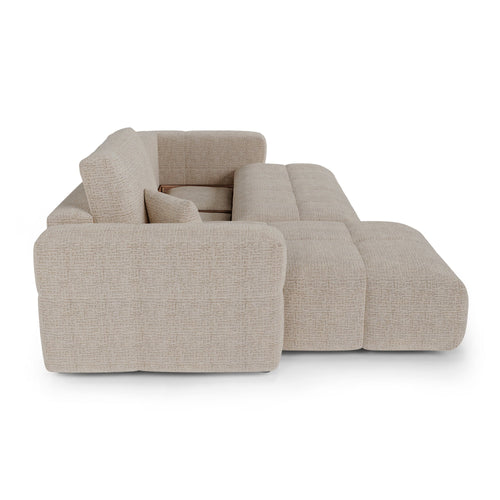 Premium Interiors - Linkshoekbank met slaapfunctie en opbergruimte VIBE - zacht aanvoelende geweven stof beige 286cm