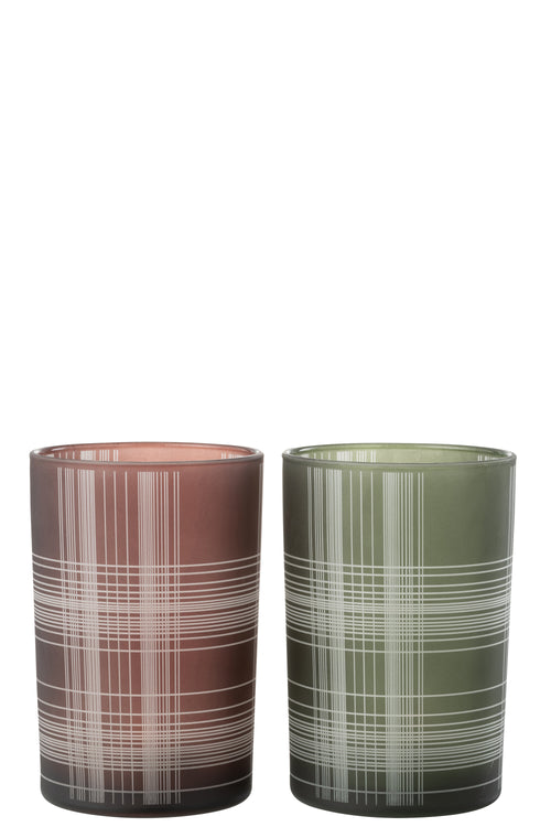 J-Line windlicht Geruit - glas - bruin/groen - large - 2 stuks