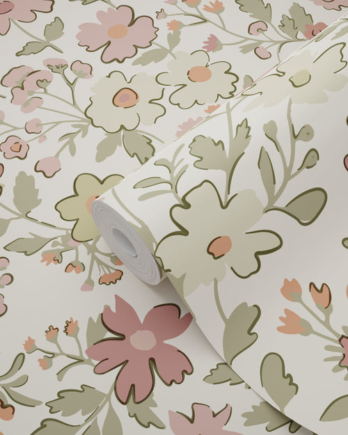 ESTAhome behang bloemetjes terracotta, groen en wit - 50 x 900 cm - 131324 - vtwonen shop