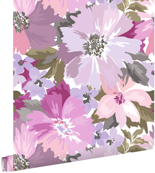 ESTAhome behang bloemen lila paars en olijfgroen - 50 x 900 cm - 131263 - vtwonen shop