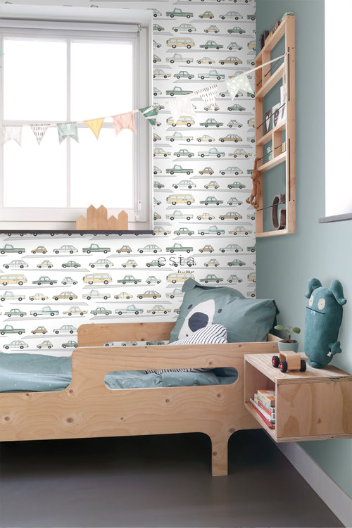 ESTAhome behang auto's vergrijsd groen, grijs en beige - 50 x 900 cm - 139537