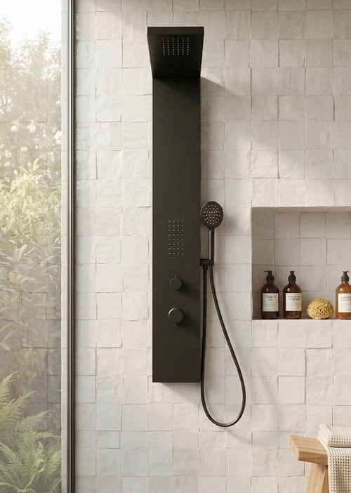 Badplaats Douchepaneel Savara 120 x 20 cm - Zwart - Aluminium Doucheset met Mengkraan en Douchekop