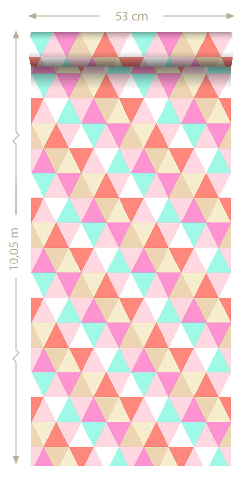 ESTAhome behang driehoekjes roze, turquoise en koraal rood - 53 cm x 10.05 m - 138714