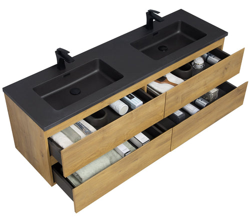 Badplaats Badkamermeubel Set Angela 160 cm – Eiken – Badmeubel met Zwarte Wastafel