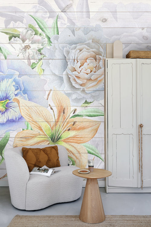 Sanders & Sanders fotobehang bloemen wit, blauw en oranje - 375 x 270 cm - 600501
