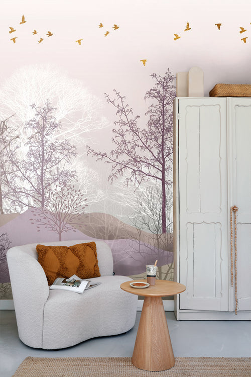 Sanders & Sanders fotobehang bosrijk landschap paars, beige en wit - 375 x 270 cm - 600976 - vtwonen shop