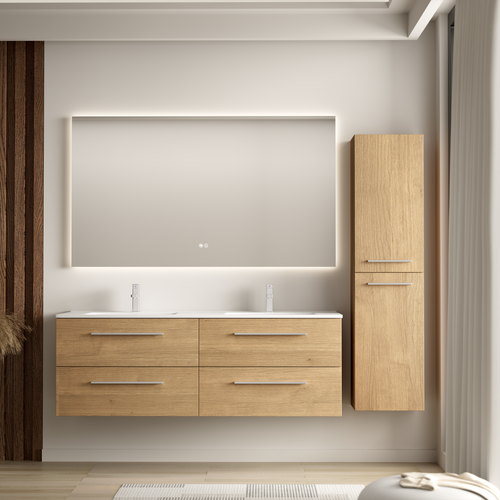 LOMAZOO badmeubelset Navero - met hoge kast & witte wastafel - licht eiken - 140 cm