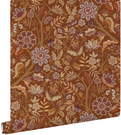 ESTAhome behang vintage bloemen terracotta bruin en donker paars - 50 x 900 cm - 131333 - vtwonen shop