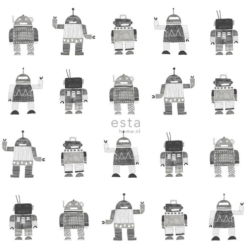 ESTAhome behang getekende vintage speelgoed robots zwart en wit - 53 cm x 10.05 m - 138939