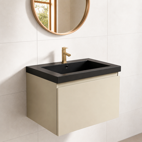LOMAZOO badmeubelset Sorrento - met hoge kast & zwarte wastafel - greige - 60 cm