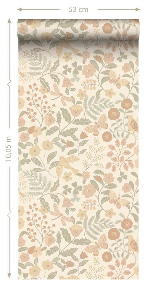 ESTAhome behang bloemen en vogels beige, groen en zacht roze - 0.53 x 10.05 m - 139867 - vtwonen shop