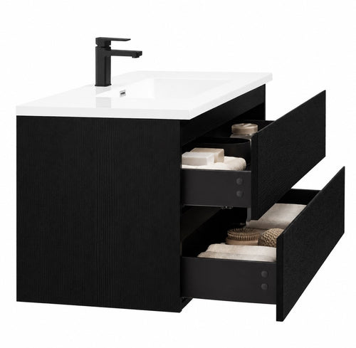 Badplaats Badkamermeubel Set Angela 100 cm – Zwart Houtnerf – Badmeubel met Wastafel