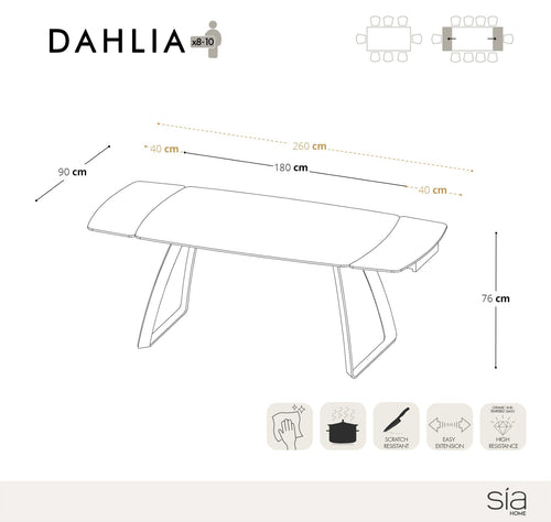 Sia Home - Uitschuifbare tafels DAHLIA - Keramiek - Carrara zwart en zwart - 180cm