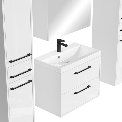 Badplaats Badkamermeubel Set Florence 60 cm XL – Hoogglans Wit – Hangend Badmeubel met Wastafel, Spiegelkast en Zijkasten
