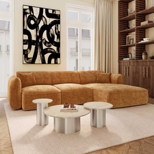 Premium Interiors - Rechthoekige hoekbank LOMI - gewaafd fluweel karamel 272cm