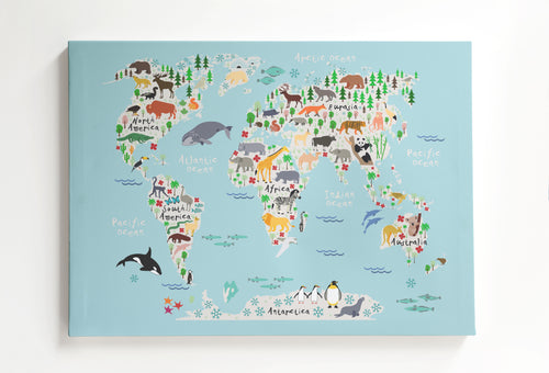 Canvas 60x40 Afdruk Wereldkaart Dieren - vtwonen shop