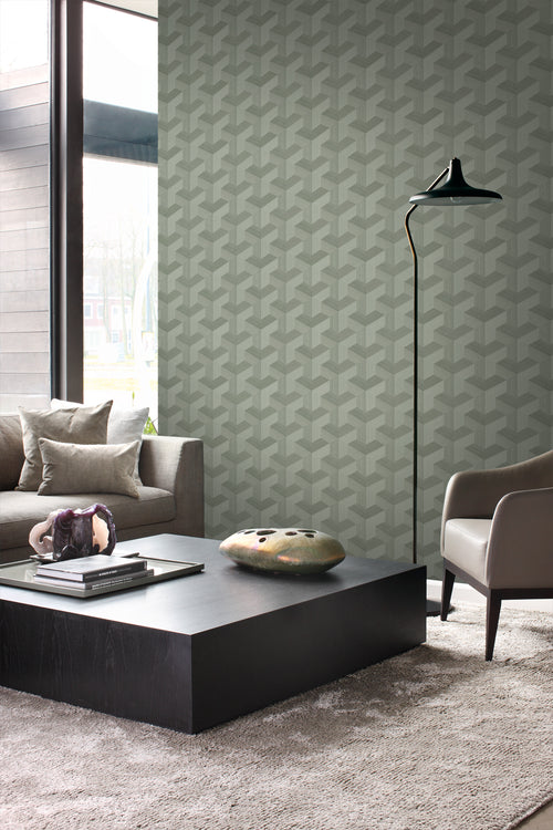 Origin Wallcoverings behang grafisch 3D motief vergrijsd groen - 50 x 900 cm - 348003 - vtwonen shop