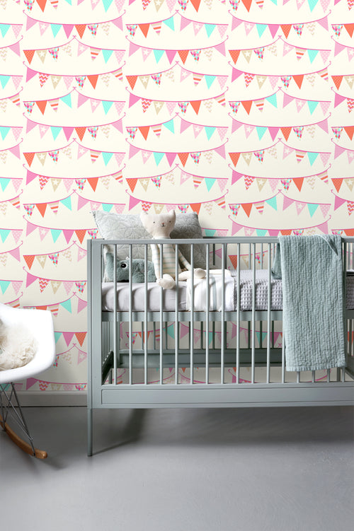 ESTAhome behang vlaggetjes roze, turquoise en koraal rood - 53 cm x 10.05 m - 138718