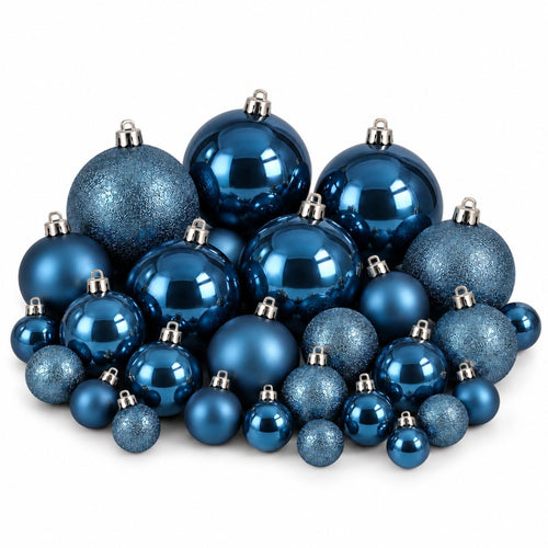 Mica Decorations Bal Onbreekbaar Donkerblauw 46 Stuks - Kerstballenset met Glanzende, Matte en Glitter Afwerking - Onbreekbare Kerstballen van