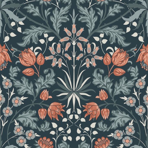 ESTAhome behang vintage bloemen in art nouveau stijl donkerblauw en terracotta - 50 x 900 cm - 131182