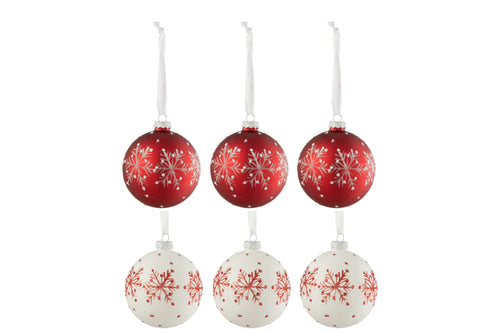 J-Line kerstbal Sneeuwvlokken Glitter - glas - wit/rood - small - doos van 6