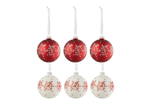 J-Line kerstbal Sneeuwvlokken Glitter - glas - wit/rood - small - doos van 6 - vtwonen shop