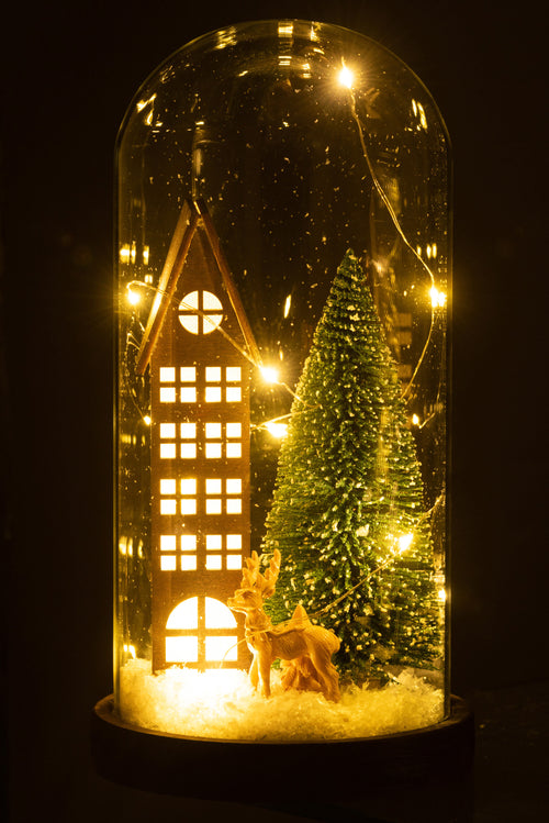 J-Line decoratie stolp Huis Kerst - glas/hout - bruin/groen - large - LED lichtjes - vtwonen shop