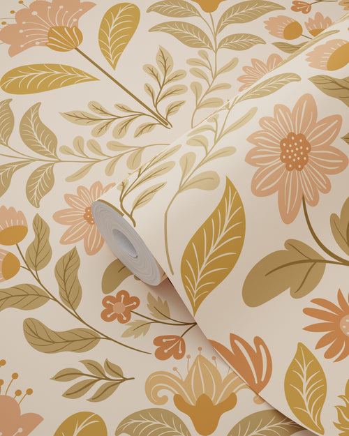 ESTAhome behang vintage bloemen warm beige en groen - 50 x 900 cm - 131897