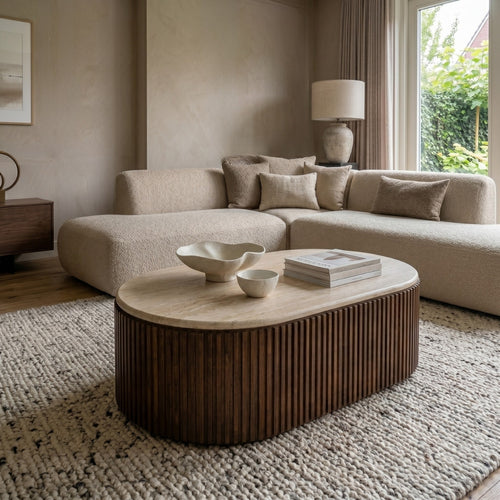 Giga Meubel Salontafel Sven Ovaal - Travertin/Hout - Bruin - 120x60x40cm