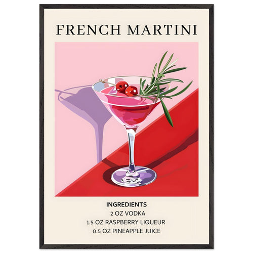 Artfulprints Poster met Lijst French Martini cocktail - Ingrediënten   - 70x100 cm - Roze