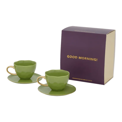 Urban Nature Culture Good Morning kopje Cappuccino/Tea en bord Evergreen Sprig - set van 4 - in cadeauverpakking