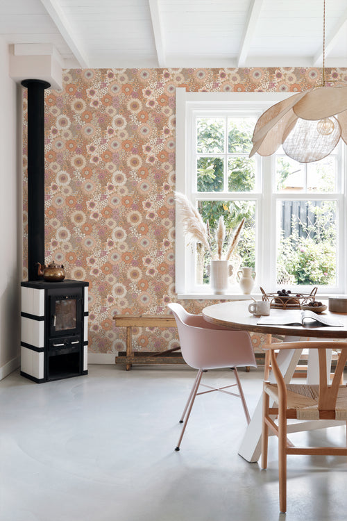 ESTAhome behang retro bloemen terracotta, paars en wit - 50 x 900 cm - 131314 - vtwonen shop