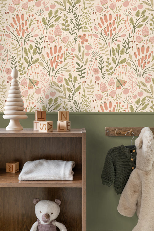 ESTAhome behang bladeren en bloemen olijfgroen en terracotta - 50 x 900 cm - 131390 - vtwonen shop