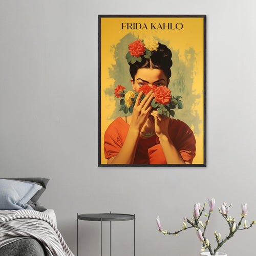 Artfulprints Poster met Lijst Frida Kahlo - Behind the bloom   - 30x40 cm - Geel