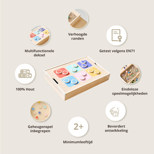 Petite Amélie Houten Sensorisch Speelbak - Met Deksel - Incl. Geheugen en Kleursorteerspel met 12 Gekleurde Houten Schijven – Meerkleurig - vtwonen shop
