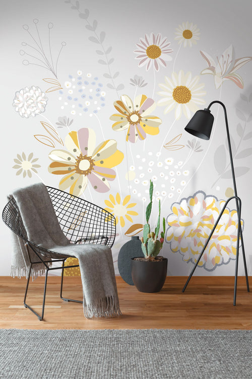 Livingwalls fotobehang bloemen grijs, geel, beige en wit - 159 x 280 cm - AS-392101