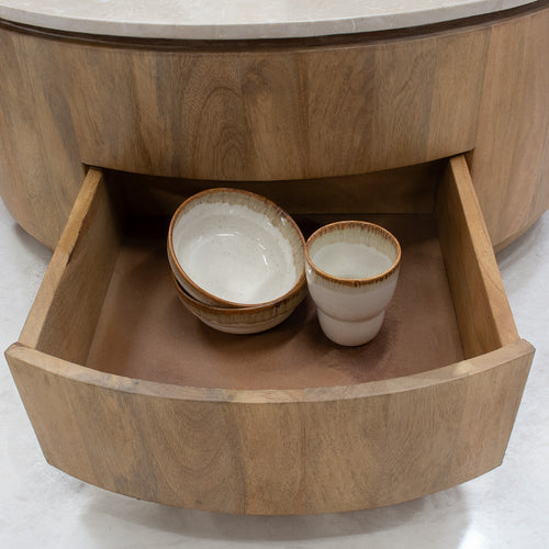 Giga Meubel Salontafel Elan Rond - Travertin - Naturel - 90x90x35cm - Incl. Lades - vtwonen shop