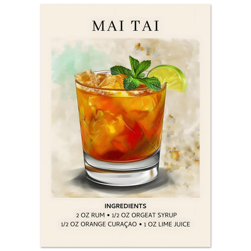 Artfulprints Poster met Lijst Mai Tai Cocktail - Ingrediënten   - A4 21x29.7 cm - Meerkleurig