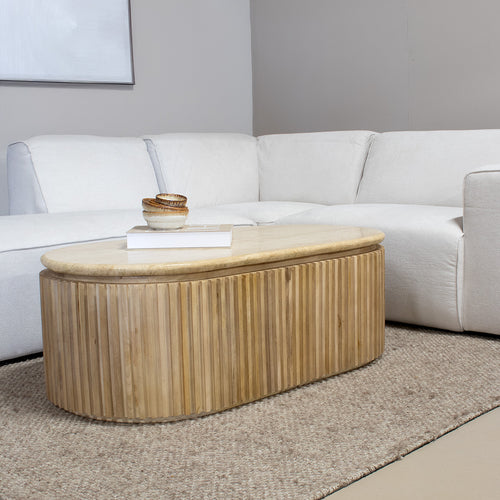 Giga Meubel Salontafel Sven Ovaal - Travertin/Hout - Naturel - 120x60x40cm