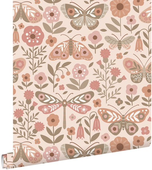 ESTAhome behang bloemen & vlinders beige, groen en oudroze - 50 x 900 cm - 131886