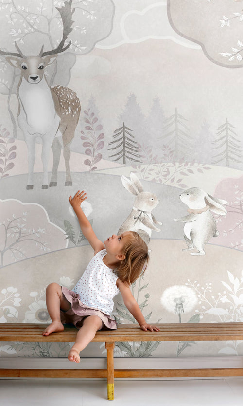 Sanders & Sanders fotobehang bosdieren beige en oudroze - 250 x 279 cm - 950036 - vtwonen shop