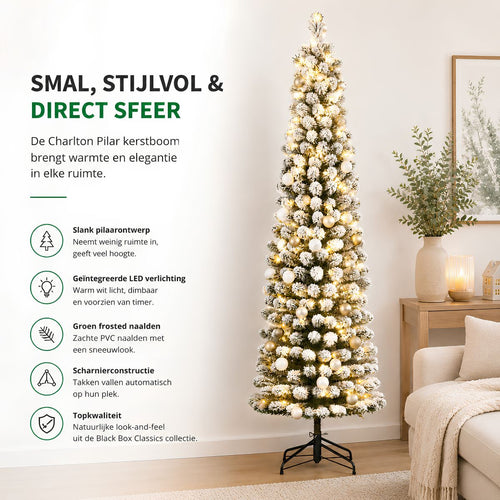 Black Box Trees Charlton Slim Kerstboom met LED Verlichting - Kerstversiering voor Binnen - Kunstboom met Frosted Takken en Timerfunctie - H155 x Ø48