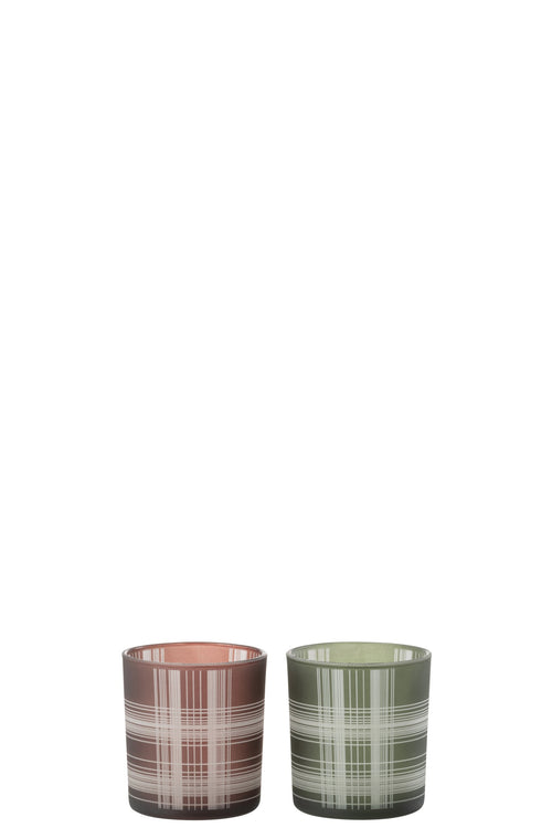 J-Line windlicht Geruit - glas - bruin/groen - small - 2 stuks