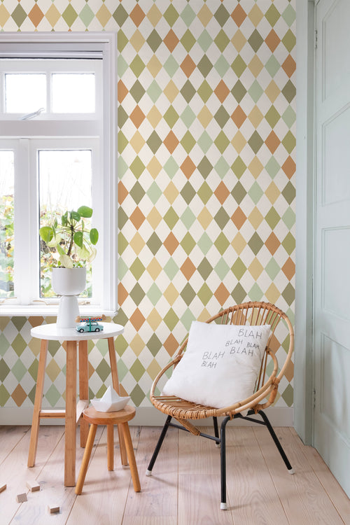 ESTAhome behang ruitjes groen en oranje - 50 x 900 cm - 131762