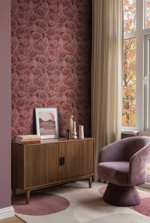 ESTAhome behang geborduurd bloemmotief bordeaux rood - 50 x 900 cm - 131870