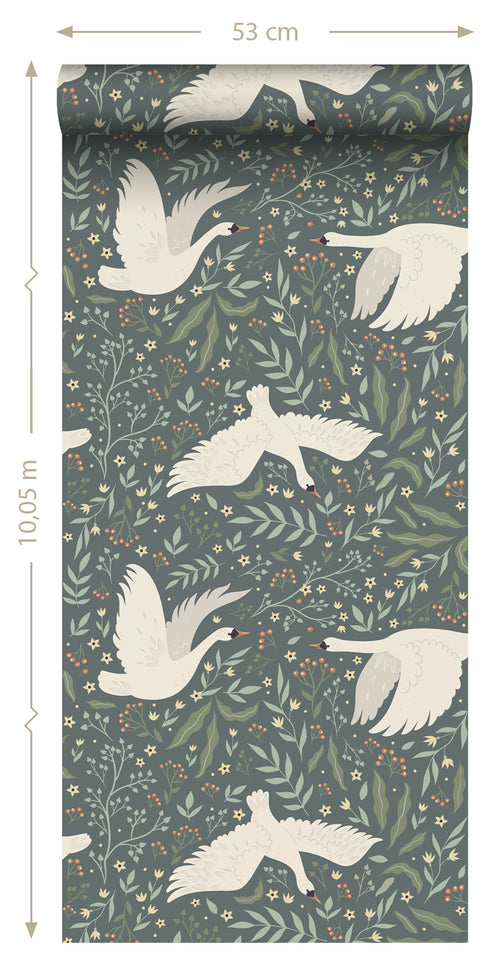 ESTAhome behang zwanen vergrijsd blauw en wit - 53 cm x 10.05 m - 139798